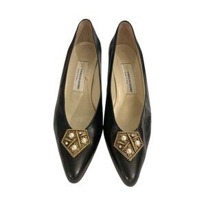 Vintage Enrico Gerbi women size 8.5 black Leather gold Embellishment shoe Italy